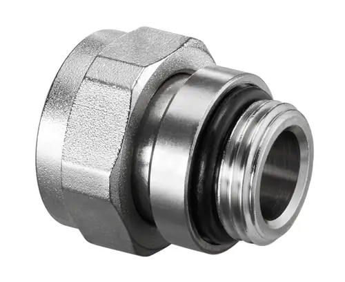 Selbstdichtende Verschraubung aus Metall mit O-Ring, geeignet für Rohrverbindungen. Oventrop-Produkt, zeigt eine hermetische Verbindung zwischen zwei Gewinden.